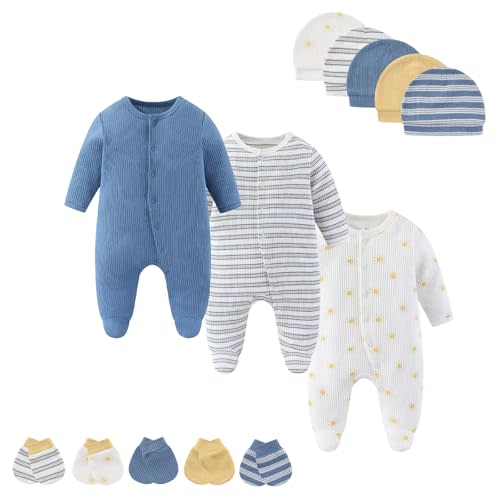 MAMIMAKA Baby Boy Girls Clothes 2-Way Zip Footed Long Sleeve 100% Cotton,Newborn Caps and Scratch Mittens Set 0-6 Months