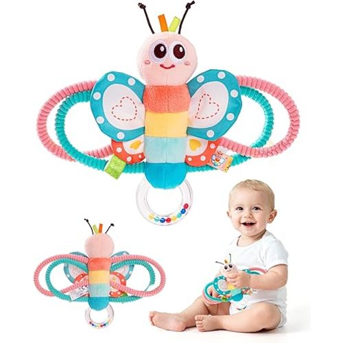 Jollybaby Soft Baby Rattles & Plush Rings Toy for Newborn 0-3-6-12 Months, Sensory Developmental Hand Teether Toys for Infant 0-2-4-7-8-9 Months, Baby Shower & Birthday Gifts - Butterfly