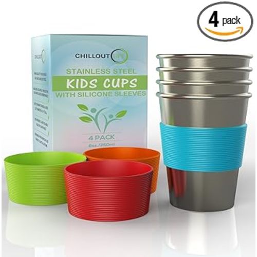 Stainless Steel Cups for Kids and Toddlers 8 oz. with Silicone Sleeves - Small Metal Cups for Home & Outdoor Activities, BPA Free Healthy Unbreakable Premium Metal Drinking Glasses (4-Pack)