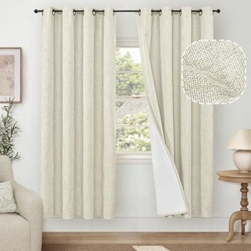 Lajode Blackout Living Room Curtains 72 Inch Long 2 Panels, Textured Linen Black-Out Curtains for Bedroom Light Blocking, Bronze Grommet Thermal Insulated Window Drapery, Each 52" Wide, Natural