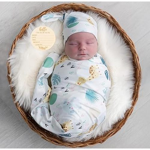 Newborn Baby Swaddle and Headband Beanie Set Animal Print Receiving Blanket with a Name Card (Green and White)