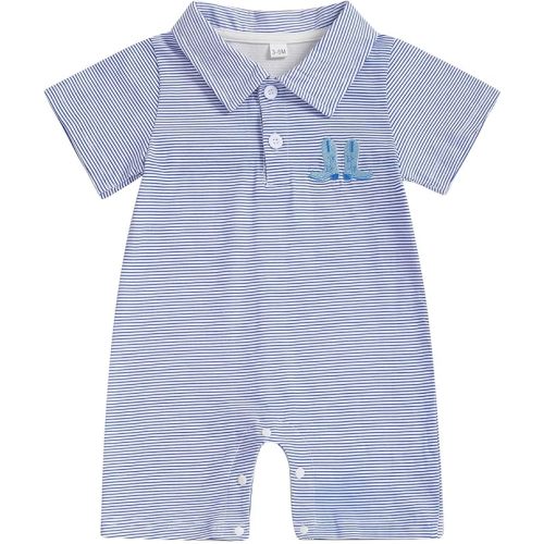 Gueuusu Country Baby Boy Outfit Newborn Western Romper Cowboy Boots Embroidery Striped Collared Bodysuit Infant Clothes