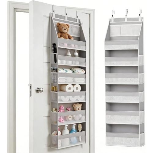 KMSCO Over The Door Organizer, 6 Large Pockets + 13 Mesh Side Pockets, Hanging Storage, 55lbs Capacity, Heavy Duty Non-Woven Fabric for Baby Nursery, Bathroom, Pantry, Closet, Grey, 1 Pack