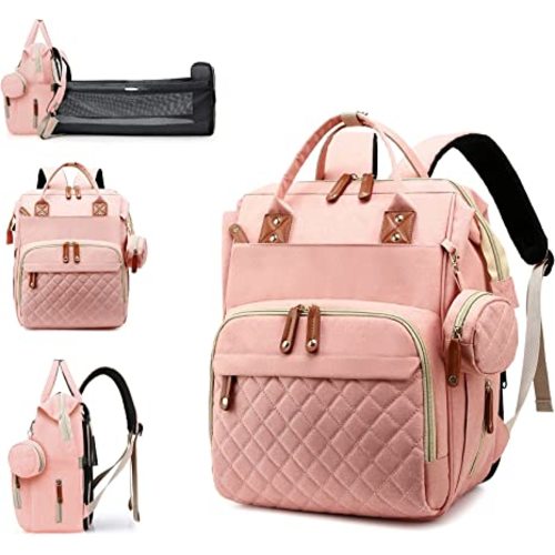 Diaper Bag with Changing Station, Waterproof 3 in 1 Baby Diaper Backpack with Foldable Changing Pad, Large Travel Back Pack for Baby Girl Boy, Peach Pink