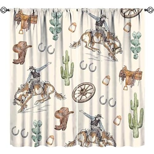 Western Cowboy Blackout Curtains Wild West Cowboy Ride Horse Cactus Desert Vintage Rustic Farmhouse for Boys Teens Men Bedroom Living Room Rod Pocket Decoration Window Drapes 2 Panels W26xL84in