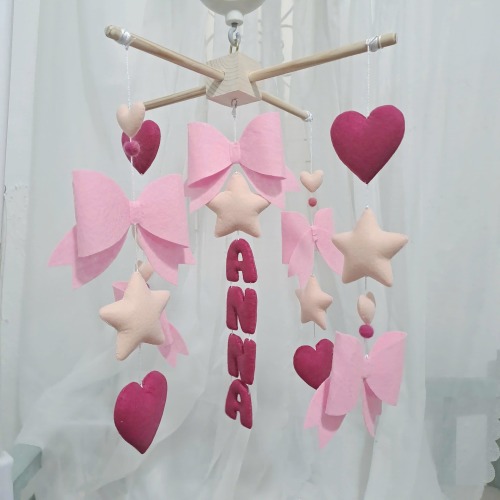 Custom Name Baby Mobile, Pink Heart Baby Mobile, Baby Girl Nursery Decor, Bow Baby Girl Mobile