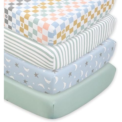 The Peanutshell 4-Pack Celestial Checkered Baby Crib Sheets for Boys Girls Gender Neutral Fitted Crib Sheet for Standard Crib and Toddler Mattress, Breathable Soft Baby Sheet Bed Room Essentials Green