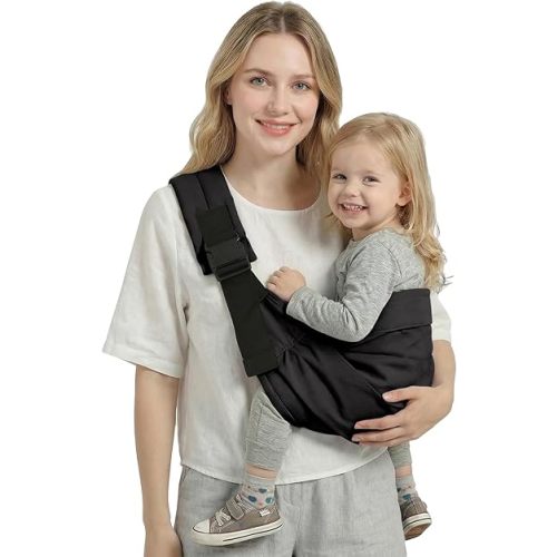 MISSWISDOM Baby Sling Carrier, Toddler Carrier Sling with Double Safety Buckle and Adjustable Shoulder Strap(7-30lbs), Baby Carriers One Size Fits All, Black