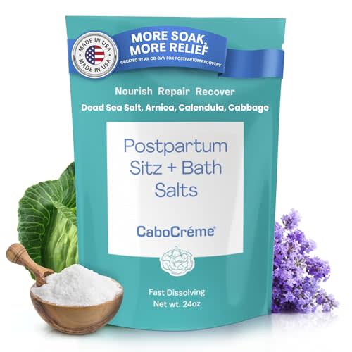 CaboCréme Postpartum Sitz + Bath Salts – 24oz – Postpartum Bath Soak for Perineal Care, Healing Tears, Swelling & Hemorrhoids – Dead Sea Salt with Magnesium, Arnica, Calendula + Cabbage Extract
