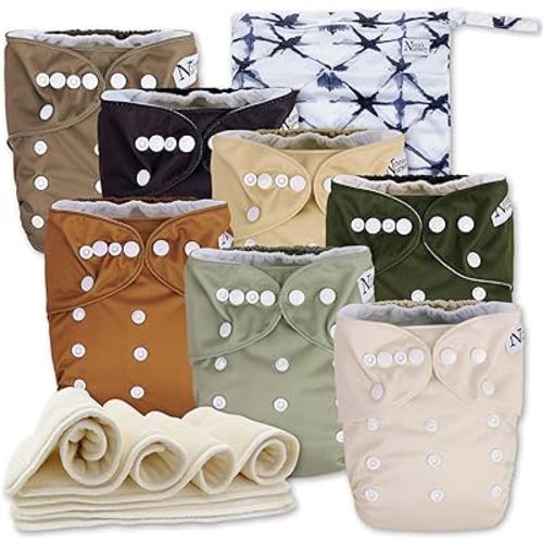 Nora's Nursery Cloth Diapers 7 Pack with 7 Bamboo Inserts & 1 Wet Bag - Waterproof Cover, Washable, Reusable & One Size Adjustable Pocket Diapers for Newborns and Toddlers - Down to Earth
