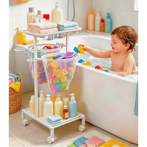 Bath Toy Storage Holder, Quick Drying Bathtub Toy Organizer with 2 Hanging Mesh Net and Shower Caddy, Large Bath Tub Toy Bin Easy Access, Freestanding Bathroom Toys Basket Cart for Toddler