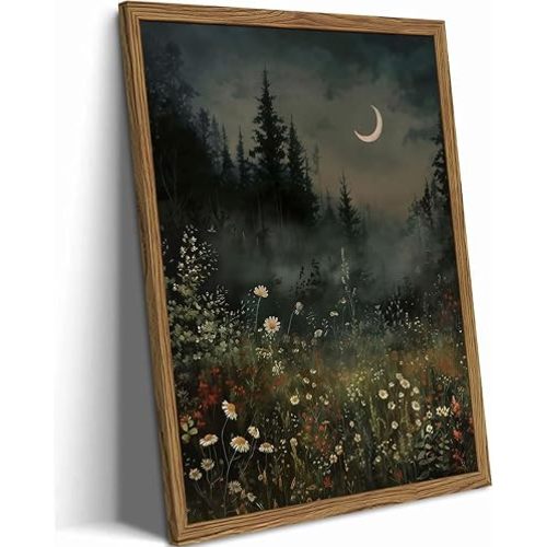 Vintage Moonlit Forest Wall Art Crescent Moon Forest Wildflower Gothic Canvas Prints Landscape Aesthetic Pictures Wall Decor for Living Room Bedroom Offices 16x24 inch Framed