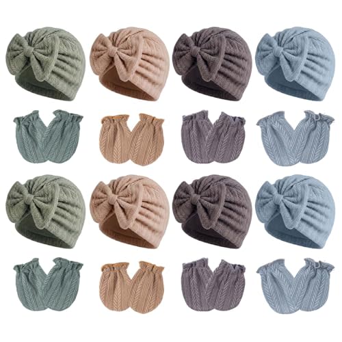 8 Sets Newborn Baby Hats & Mittens Cotton Preemie Infant Bow Beanies Caps Gloves Hospital New Born Boy Girl 0-3 Month