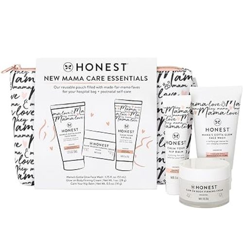 The Honest Company New Mama Care Essentials Gift Set, Hospital Bag Must Haves, Travel Size Nip Balm (0.5 oz) Glow On Body Cream (1 Gotta Face Wash (1.75 fl) with Reusable Pouch