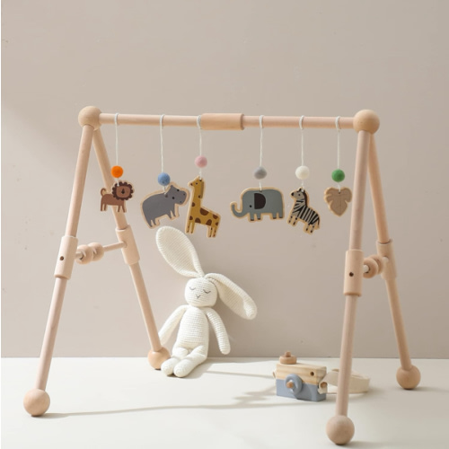 Wooden Baby Gym with 6 Gym Toys, Detachable Wooden Play Gym Frame Activity Gym Hanging Bar Baby Toys for Activity Gym, Ages Newborn + (Zoo Themes)