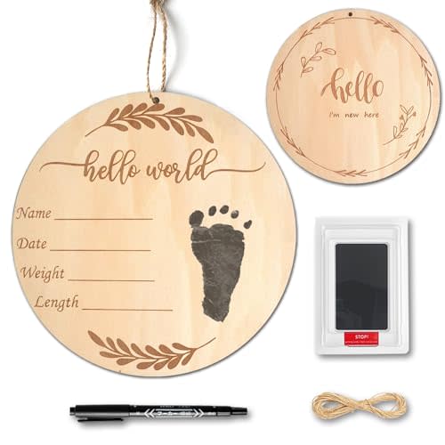 Baby Birth Announcement Sign with Marker Pen, Wooden Hello World Newborn Sign with Ink Pad for Baby Hand and Footprints, Double-sided Newborn Announcement Sign for Shower Photo Prop Keepsakes (Brown)