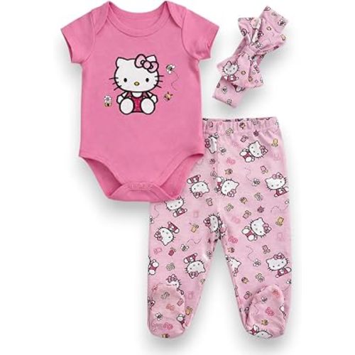 Hello Kitty Baby Girls 3-Piece Footie Set, Short Sleeve Onesie Bodysuit, Footed Pants - Pink 3M