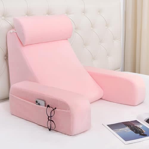 ENITYA 19" Reading Pillow for Bed with Firm Back Support & Big Pockets | Back Pillow for Bed Sitting Up/Watching TV/Nursing/Recovery/Gaming,High Density Foam Filling,Machine Washable Cover,Pink