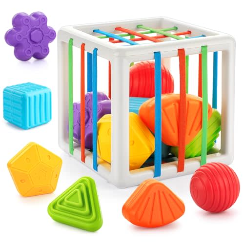 TOHIBEE Montessori Toys for 1-2 Year Olds, Sensory Shape Sorter, Baby Blocks & Colorful Textured Balls, Montessori Learning Activity for Fine Motor Skills