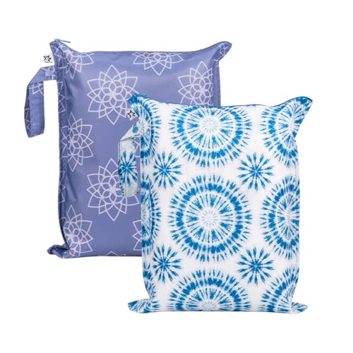 Tiny Twinkle Mess Proof Wet Bags | 2-Pack Reusable Waterproof Wet Bags for Swimsuits | Baby Clothes | Travel & Diaper Bag (Lotus,Blue Tie Dye)