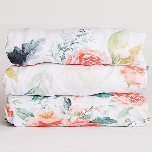 3 Fitted Crib Sheets Set - Peonies & Roses for Baby Girl - 100% Oeko-TEX Cotton Girl Nursery Bedding - Pink Floral Boho Eucalyptus Flowers Set Toddler Mattress 28”x52”x9” Sheet