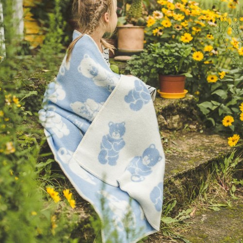 Baby Blanket - Double-Sided, Natural Organic Wool, 35x51&quot; (90x130cm), Blue Teddy Bear Design, Soft and Natural, Perfect Baby Shower Gift
