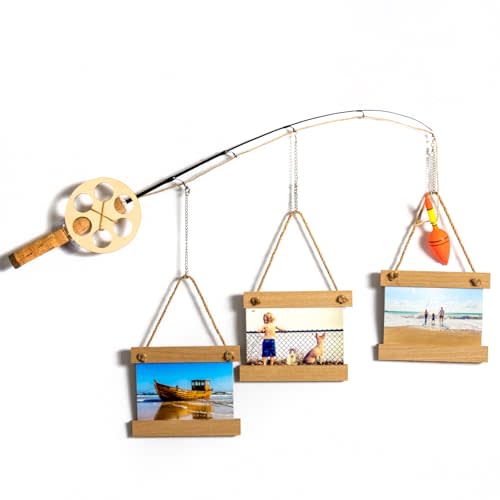RELIY Wood Fishing Pole Wall Decor with 3 4”X4” Frames, Wall Decor for Fishing Lovers & Fishermen