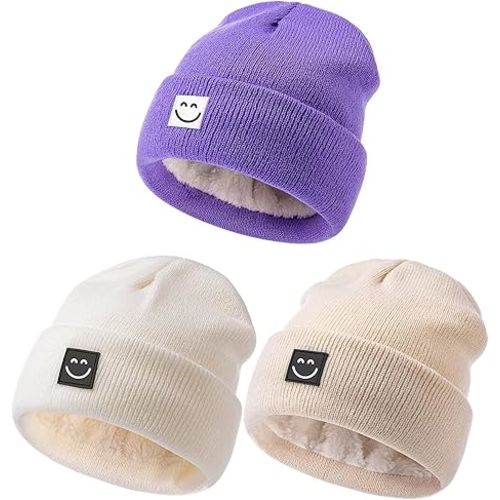 Baby Beanie Hat 3 Packs with Cute Smiley Face, Toddler Girls Boys Baby Hats Winter, Kids Winter Hat Cold Weather