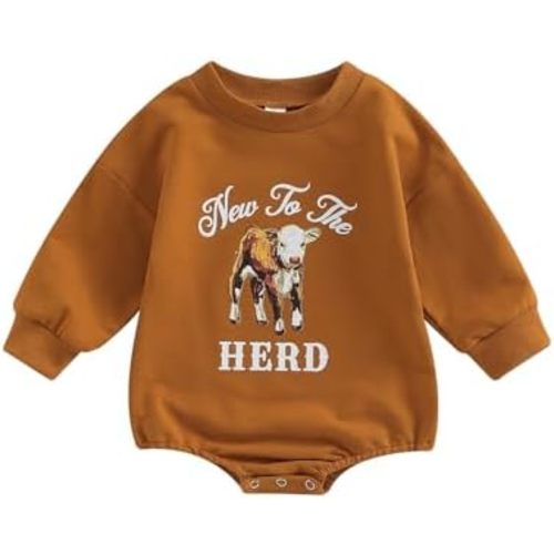 SAYOO Western Cowboy Outfits Baby Girl Boy Sweatshirt Romper Cow Print Oversized Sweater Bodysuit Infant Fall Clothes 0-24M