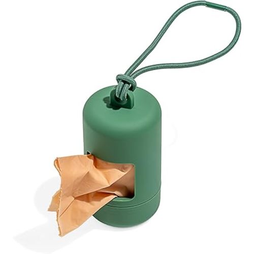 Wild One Dog Poop Bag Holder and Dispenser with Leash Attachment, Leak Proof, Easy Twist Top for Refills, Includes 1 Roll Bags, Spruce