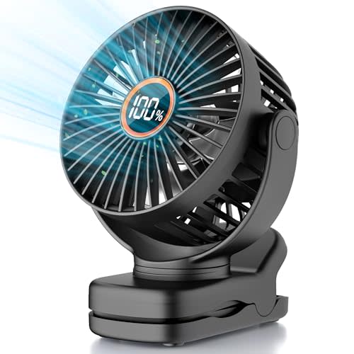 TUNISE Mini Clip on Fan, Battery Operated Desk Fan, Digital display,3 Speeds Adjustable, Bidirectional 360 ° Adjustable, Super Strong Wind, Portable Fan for Home Office Stroller Camping Black