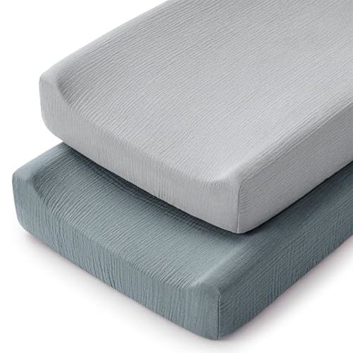 Comfy Cubs Muslin Fitted Changing Pad Cover Pack of 2, Pacific Blue and Heather - Soft, Breathable, Washable 100% Cotton Fitted Sheet for Comfort - Universal Fit for Flat & Curved Baby Changer Pad