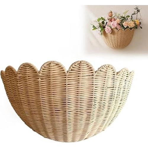 Scalloped Wicker Wall Basket, Rustic Wall Hanging Woven Basket for Fruit/Vegetable/Plant/Toiletries in Kitchen/Bathroom/Living Room/Nursery Decor, 14x6x8 Inch (1PC)