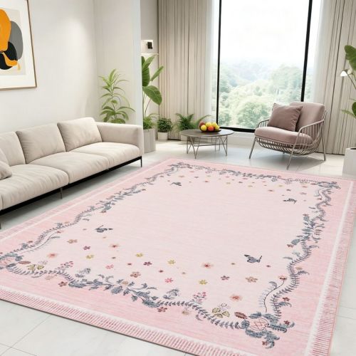 Pink 8'x10' Floral Border Area Rug, Washable Soft Botanical Butterfly Rug, Non Slip Low Pile Carpet for Living Room Bedroom Home Office Dining Room