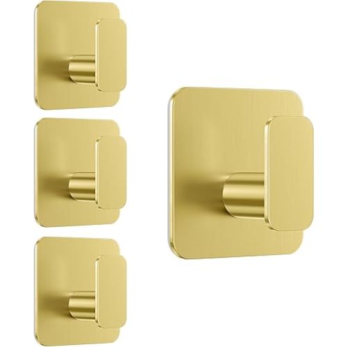 Gold Hooks for Hanging Heavy Duty, Adhesive Hooks for Shower, Bathroom, Kitchen, Robe, Towel, Coat, Waterproof & Rustproof Hook for Walls No Damage, Stainless Steel Sticky Hook - 6 Pack