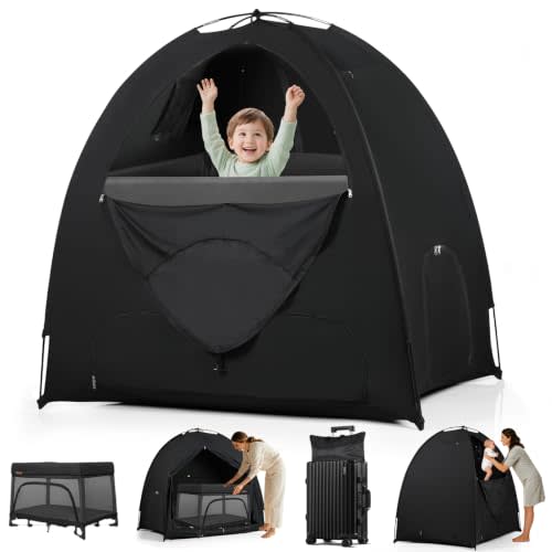 Blackout Tent for Pack and Play, 95% Light Blocking Portable Sleep Pod, Easy Setup No Tools, Pack n Play Cover Fits Standard Playards, Travel Canopy with Monitor Pouch, Black 53"x37"x55"