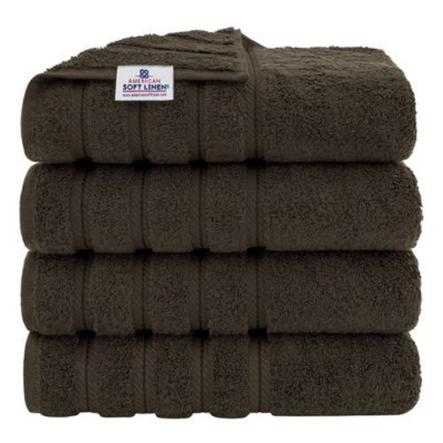 American Soft Linen 4 Pack Bath Towel Set, 100% Cotton, 27 inch by 54 inch Bath Towels for Bathroom, Brown