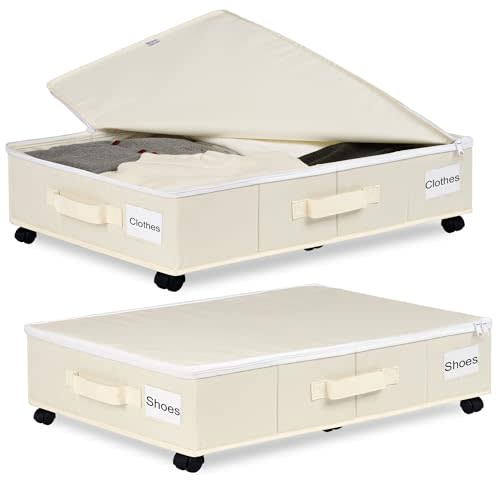 Vincona Under Bed Storage with Wheels, 2 Pack Under Bed Storage Containers with Label Holders for Clothes, Shoes and Blankets, Rolling Underbed Shoe Organizer with Cover, Beige (30.71x15.7x7.28 in)