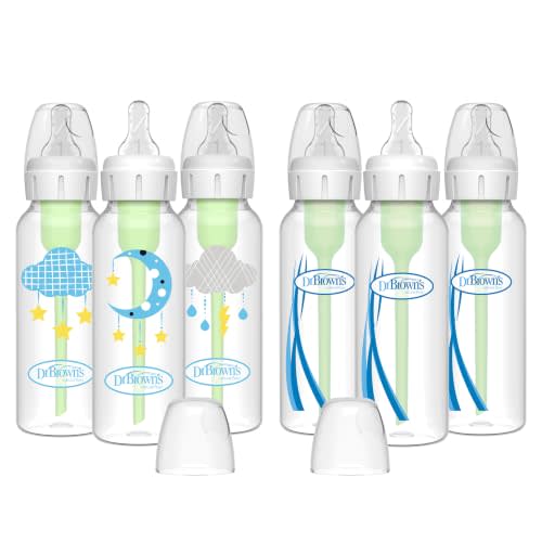 Dr. Brown's Anti-Colic Options+ Narrow Baby Bottles, 8 oz, 6-Pack | Clinically proven to reduce colic, bottles with Level 1 slow flow nipple, Moon and Clouds Gift Set, 0m+, BPA-free