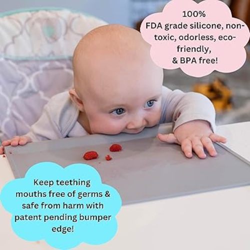 100% Silicone Placemat with Teething Edge Bumper/Spill Stopper | Dishwasher Safe, Travel Ready Non-Slip Suction Activity Mat for Infants, Babies, Toddlers, Children, Kids
