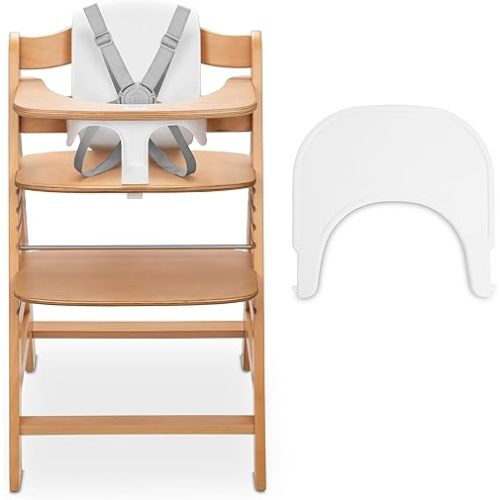 hauck Adjustable Wooden High Chair for Babies and Toddlers - Includes Baby Insert, Tray & Safety Harness - Grows with Child up to 198 lbs - Natural