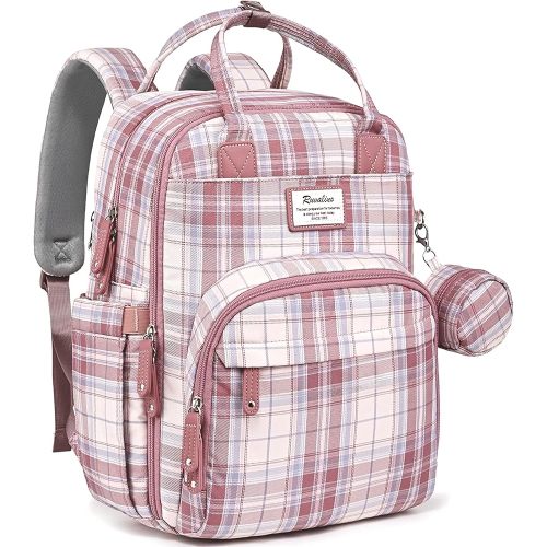 RUVALINO Diaper Bag Backpack, Multifunction Travel Pack Maternity Baby Changing Bags, Large Capacity, Waterproof, Pink Plaid