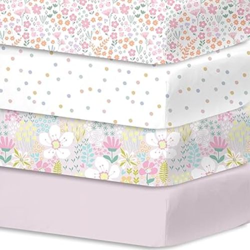 Little Grape Land Crib Sheets Baby Toddler Sheets 4 Pack Fitted for Boys Girls, Standard Size 28x52‘’ Crib Mattress, Super Soft Breathable Washable Microfiber (Floral/Blossom/Dots/Blush Pink)