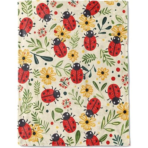 Cute Ladybug Flannel Blanket - Lightweight Soft Cozy Unique Gifts Blankets for Kids,Adult,Women, Nature Lovers,Cute Colorful Flower Throw,Home Room Modern Decor 50x60in