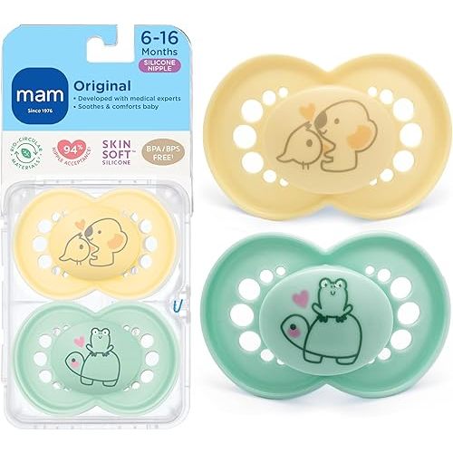 MAM Original Matte Baby Pacifiers 6-16 Months, Binky for Newborn Babies, BPA-Free Skin Soft Silicone Nipple, Easy to Clean, Developed with Medical Experts, 2 Count, with Sterilizer Cas Made in Europe