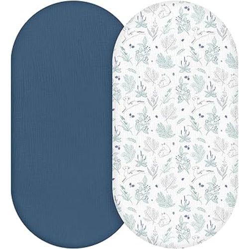 Muslin Bassinet Fitted Sheets, 2 Pack for Baby Boy and Girl, Soft Breathable Baby Pad/Mattress Sheet, Fit for Hourglass Oval and Rectangle Bassinet Mattress (Blue Deer)