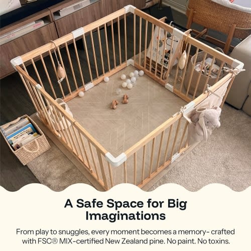 HARPPA Wooden Baby Gate Playpen | Non-Toxic Foldable DIY Adjustable Play Yard for Infants & Toddlers – Natural Finish Baby Fence for Small & Large Spaces