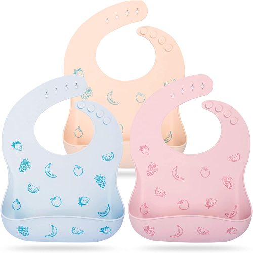 Mia Li Silicone Bibs – 3pcs Waterproof Silicone Bib Set – Silicone Baby Bibs with Adjustable Closure – Non-Messy Toddler Bib - Fruit - Cloud, Lilac, Blush