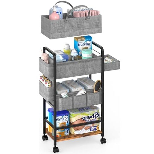 2In1 Baby Diaper Caddy & 4-Tier Rolling Diaper Cart, Diaper Caddy Organizer Cart with Dividers & Drawer, Mobile Metal Bedside Cart for Nursery Essentials Storage, Large Capacity