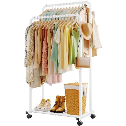 Clothes Rack - Double Rods Clothing Rack with Mesh Shelf, Hooks & Wheels, Metal Clothing Racks for Hanging Clothes & Bags, Multifunctional Garment Rack for Laundry, White, 28.7" x 16.5" x 59.1"